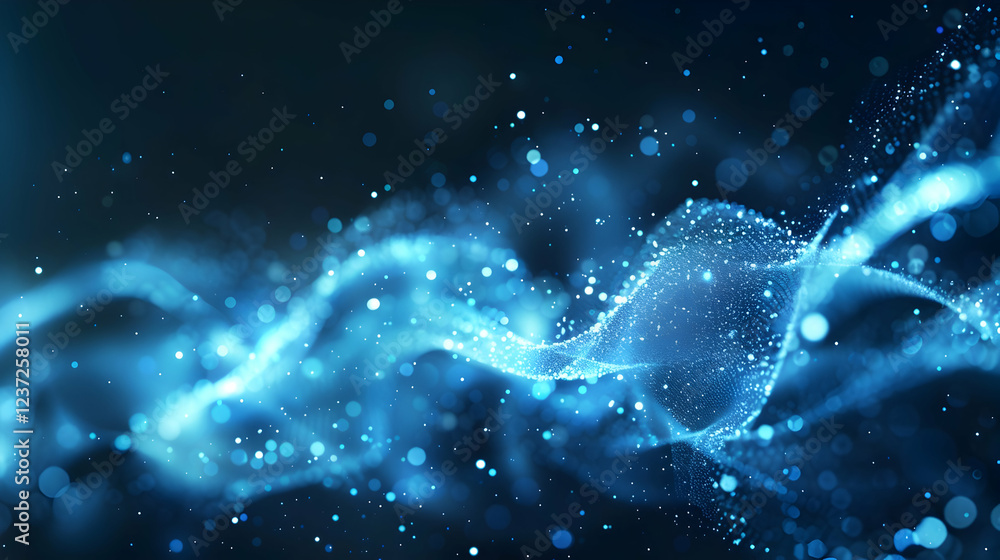 Poster abstract blue waves with particles, creating a serene and dynamic visual effect.