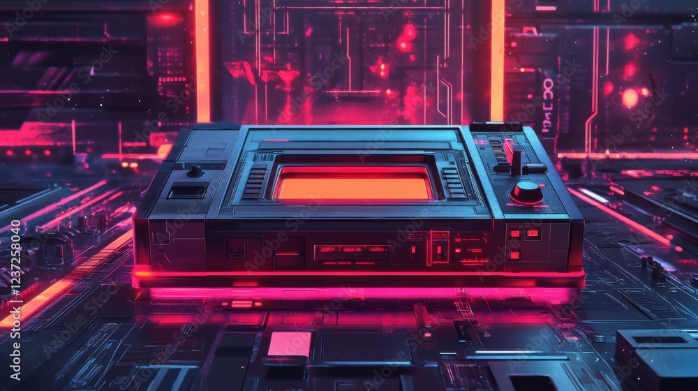Poster retro gaming console in neon cyberpunk setting with futuristic circuit board and glowing lights