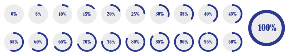 Pie chart icon set. Circle percentage diagram collection. Percentage progress bars in circular design ranging from 0% to 100% for progress tracking, loading indicators, and dashboard visualization.