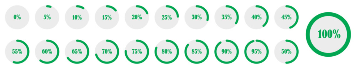 Circle pie chart. Set of circle percentage diagrams from 0 to 100%. Progress circle infographic with percentage indicators from 0 to 100 showing data visualization, loading bar, and progress status.