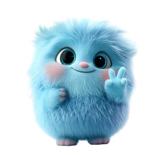 Fluffy 3D Cartoon Character Making a Peace Sign Isolated on Transparent Background