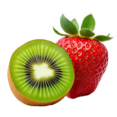Freshly sliced kiwi fruit and whole ripe strawberry arranged naturally together. Generative Ai