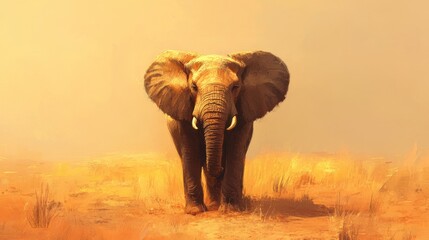 Obraz premium Majestic elephant standing in golden savanna with sunlit background