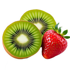 Freshly sliced kiwi fruit and whole ripe strawberry arranged naturally together. Generative Ai