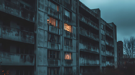 Obraz premium Gritty urban brutalist architecture: low-light comic book style stock photo. Dystopian Noir. Illustration