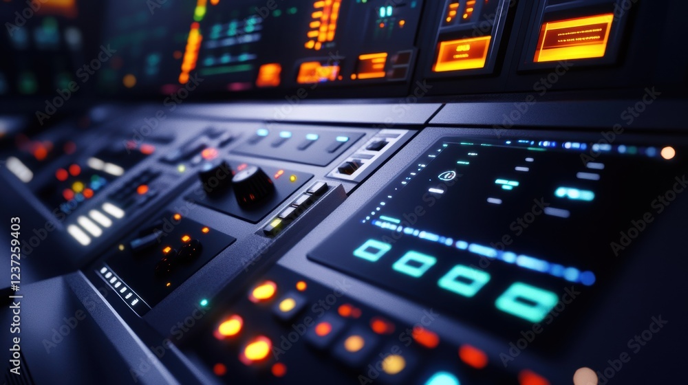 Poster complex control panel featuring illuminated buttons, knobs, and digital displays, suggesting advance