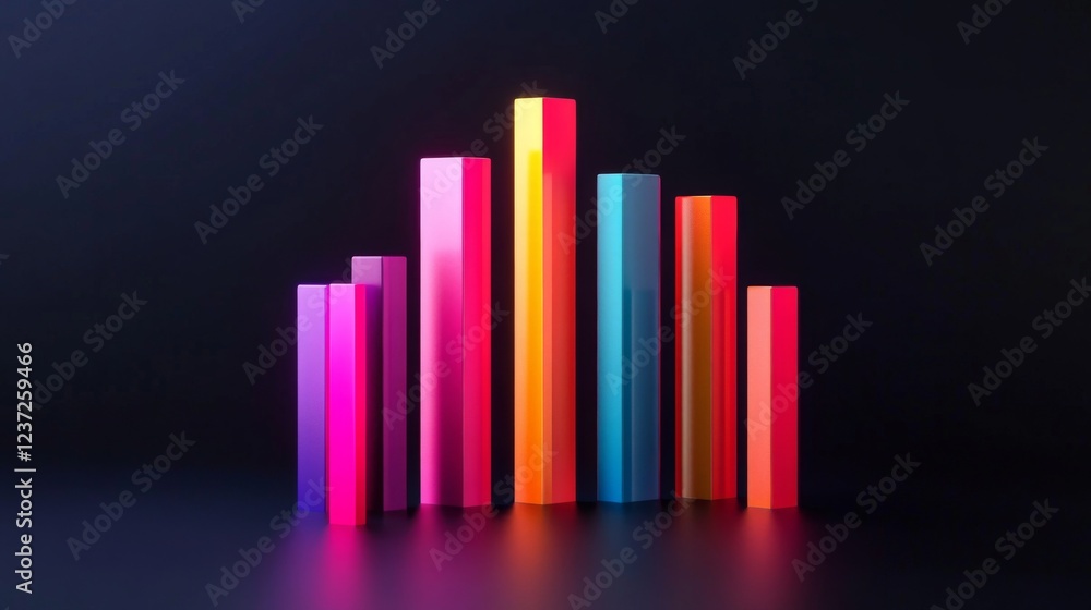 Poster A D-rendered bar graph with rising colorful bars, symbolizing growth in market trends, with a dark and minimalistic background for contrast