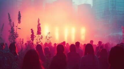 Crowd enjoying outdoor concert with stunning light show in urban setting