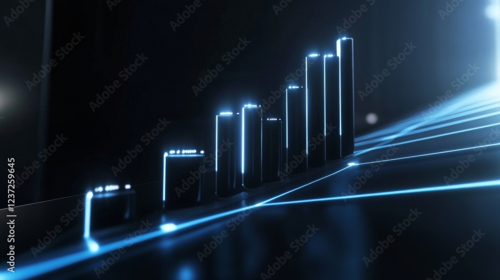 Poster a d financial bar graph with smooth, glowing bars and a minimalistic background, symbolizing steady 