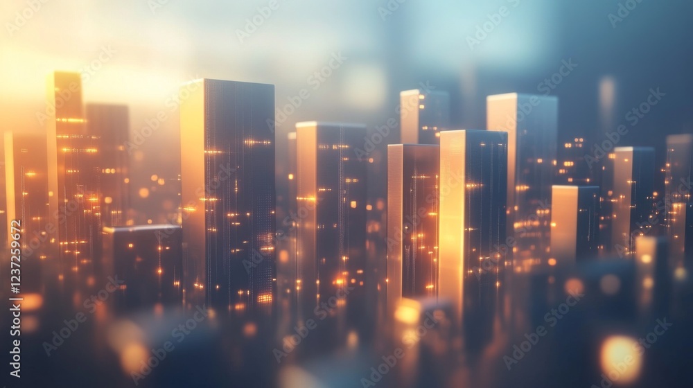 Poster A D financial bar graph with smooth, glowing bars and a minimalistic background, symbolizing steady growth and success in market trends