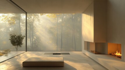 Minimalist sunlit interior with fireplace in modern living space