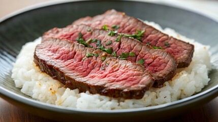 Fototapeta premium A beautiful close-up of beef rice, featuring thin slices of beef cooked in a savory sauce, placed on a bed of steaming rice with garnishes of herbs and a dash of chili