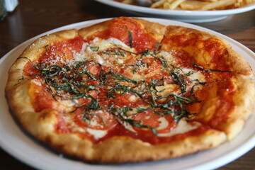 Pizza and club sandwiches at a local restaurant in downtown Minneapolis, Minnesota.