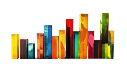 Colorful wooden blocks forming an abstract cityscape on transparent background