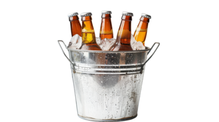 Metal bucket cooling five beer bottles with ice on transparent background