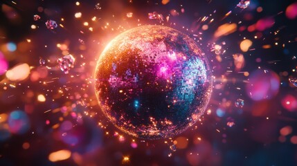 Glittering disco ball exploding with colorful sparkles and shards in a vivid night scene