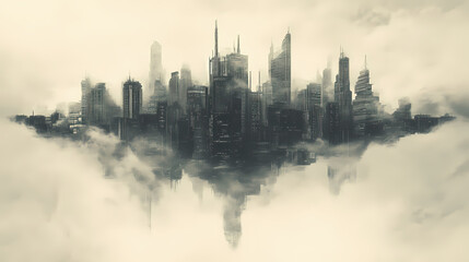 Fototapeta premium Surreal pencil sketch of futuristic cityscape blending into misty sky. Dystopian Noir. Illustration
