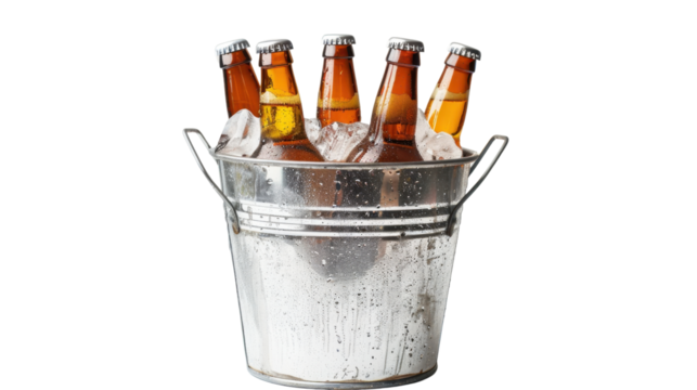 Metal bucket cooling five beer bottles with ice on transparent background