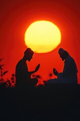 Obraz premium Two people in silhouette at sunset with religious figures, symbolizing faith or prayer.
