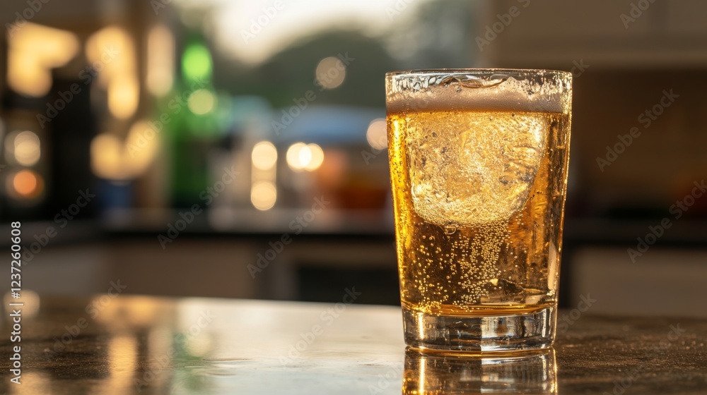 Poster a chilled beer glass with ice, condensation forming on the outside, placed on a countertop with a wa