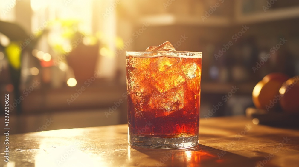Poster a chilled beer glass with ice, condensation forming on the outside, placed on a countertop with a wa
