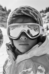 Child in goggles skiing with adult on snowy mountain slope