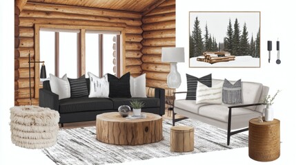 Cozy Cabin Living Room Interior Design with Rustic and Modern Elements