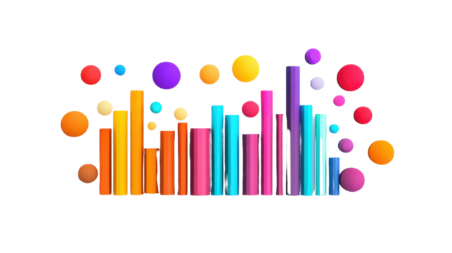 Colorful 3d bar graph and spheres floating on transparent background