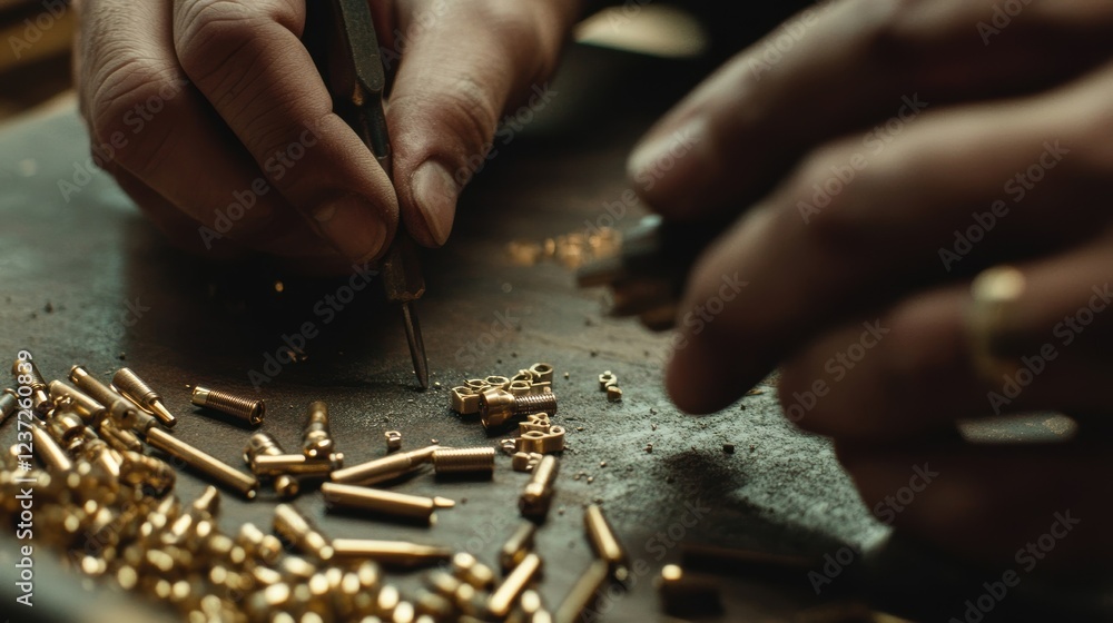 Poster close up of craftsman's hands meticulously working with tools, modifying and assembling small golden