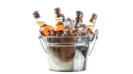 Metal bucket cooling bottles of beer on transparent background