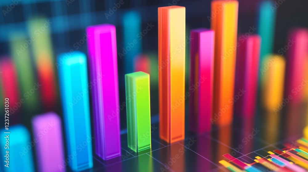 Fototapete a close-up of a d bar graph with colorful, metallic bars rising against a dark background, showcasin