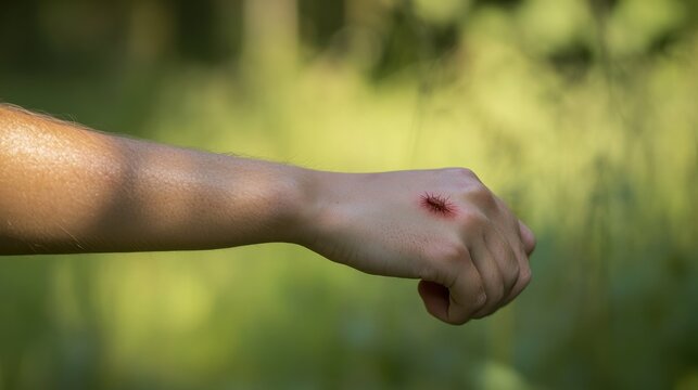 A close-up of a person arm showing a fresh insect bite with slight redness and swelling, set against a natural outdoor background like a grassy field or forest.