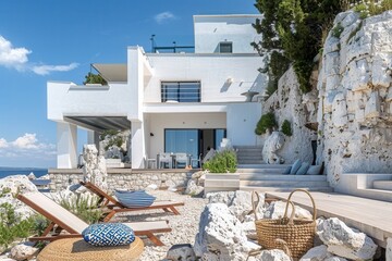 Modern white villa with blue accents overlooking the sea in Isacterial, Italy, featuring sunbeds and outdoor dining area