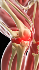 Close-up of a knee joint with highlighted inflammation.