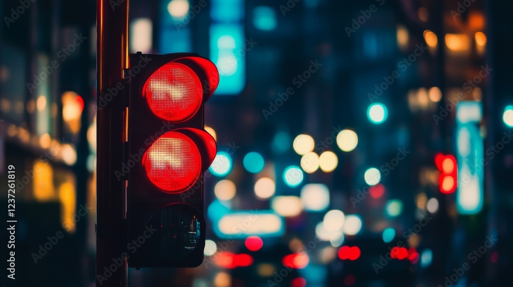 Leinwandbilder a close-up of a traffic light showing the red signal, illuminated against a dark city background wit