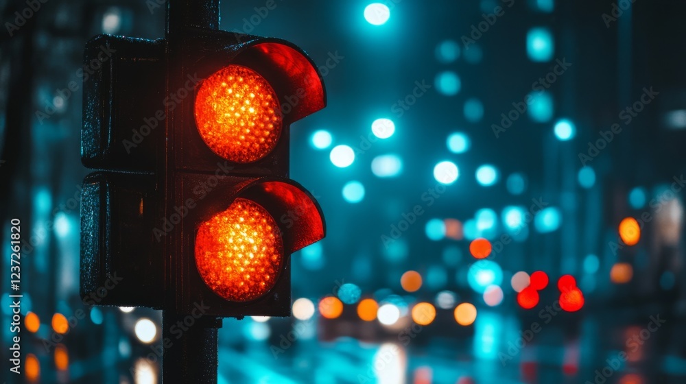 Aufkleber A close-up of a traffic light showing the red signal, illuminated against a dark city background with glowing street lights creating a dramatic urban setting