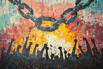 Fototapeta premium Powerful Mural of Chains Breaking in Front of a Crowd Raising Their Fists, Representing Unity and Resistance