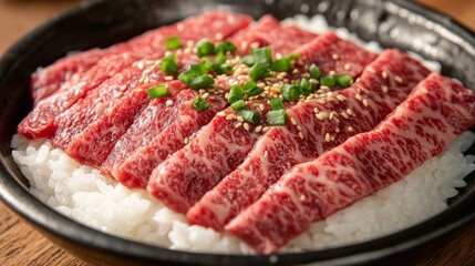 Obraz premium A close-up of beef slices arranged neatly on a bowl of white rice, drenched in a savory sauce with a sprinkle of sesame seeds and green onions, highlighting the textures