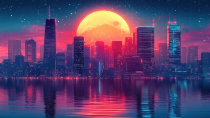 Fototapeta premium Futuristic cityscape with glowing sunset reflected in water during nighttime