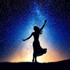 Naklejka premium illustration of a man silhouette dancing in front of a starry night sky with empty copy space