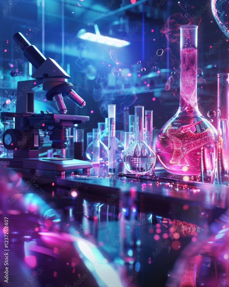 Poster innovative high-tech laboratory featuring multiple microscopes for advanced research and discoveries