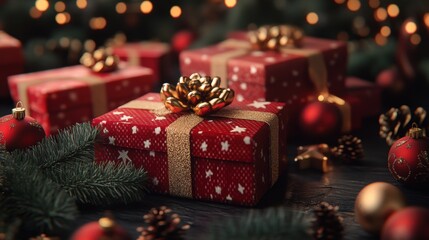 Festive christmas gifts with decorations and pinecones on a wooden table