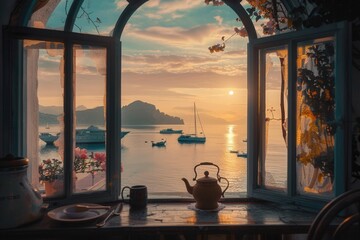 Captivating sunset view from an arched window overlooking the serene sea in Capri, Italy with a coffee pot beside a table