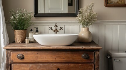 Rustic bathroom with wooden vanity, white sink, and greenery accents