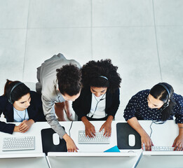 Above, telemarketing and women with computer, mentor and call center with customer support....