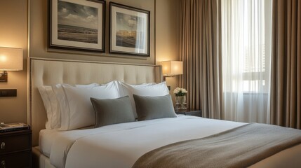 Cozy modern bedroom with cream decor and elegant lighting