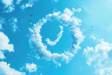 Naklejka premium Surreal Scene Where the Female Symbol Is Shaped from Clouds in a Bright Blue Sky, with Birds Flying Around It