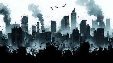 Obraz premium Dystopian cityscape in monochrome skyscrapers crumbling amid chaos smoke billows debris falls silhouettes flee stark contrast heightens drama and urgency. Dystopian Noir. Illustration