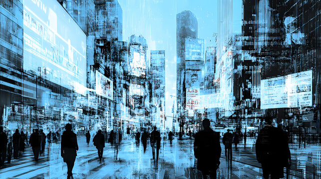 Dystopian cityscape of deception: revealing fraudulent activities in futuristic metropolis with holographic ads and false promises - digital art illustration. Dystopian Noir. Illustration