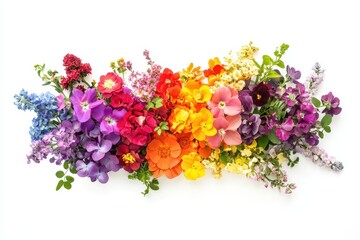 Obraz premium Vibrant Rainbow Bouquet with Flowers Arranged in a Gradient of Colors, from Red to Violet, Displayed Against a White Background